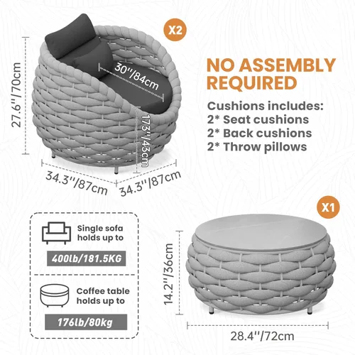 Vista 7 de Juego de muebles de patio de aluminio de 3 piezas: cuerda tejida a mano para conversación al aire libre, juego de 2 cojines modernos montados, juego