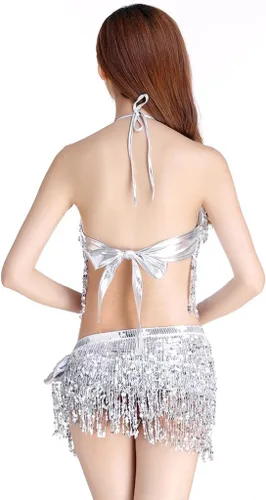 Vista 4 de ZLTdream Traje danza árabe con brasier y pañuelo para cadera con flecos para mujer
