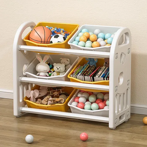 Vista 8 de Organizador de almacenamiento de juguetes para niños, estantes de 3 niveles, organizador de almacenamiento multifuncional para niños con 6 Verde