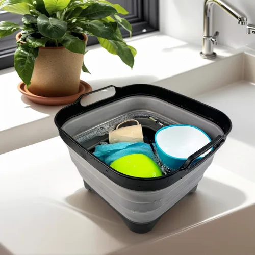 Vista 3 de SAMMART Sartén plegable de 10 L (2.64 galones) con tapón de drenaje, lavabo plegable, tina portátil para lavar platos, bandeja de almacenamiento