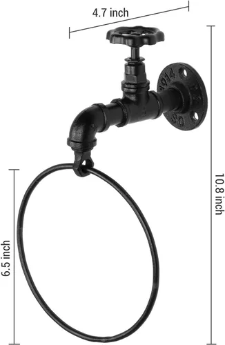 Vista 4 de MyGift Anillo de soporte para toallas de mano, estante colgante de toalla de baño montado en la pared, accesorios de baño industriales, decoración