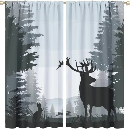 Vista 30 de Cortinas opacas con diseño de ciervos, bosque brumoso, rústico, vida silvestre, alce, montaña, pájaros, pino, bosque, cortinas de ventana