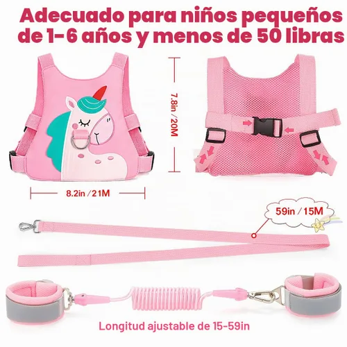 Vista 2 de Correa para niños pequeños, arnés de seguridad para caminar y muñeca antipérdida para niñas/niños de viaje (rosa)