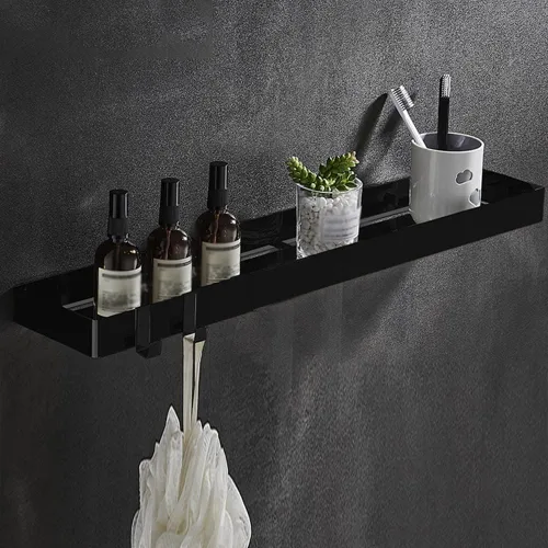 Vista 5 de Wallmounted Bathroom Shelf Floating Organizer with Hooks for Toiletries & Cosmetics 2Tier Black Rectangular Storage Rack for Shower & Kitchen