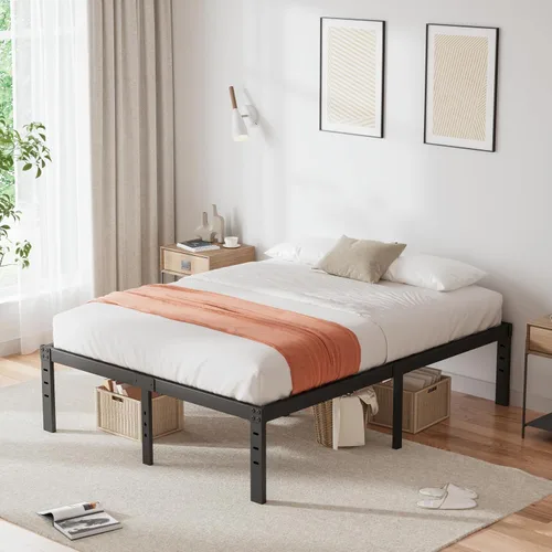 Vista 3 de Marco de cama de tamaño matrimonial de 14 pulgadas de alto, no necesita somier, plataforma de listones de acero resistente, tamaño California King