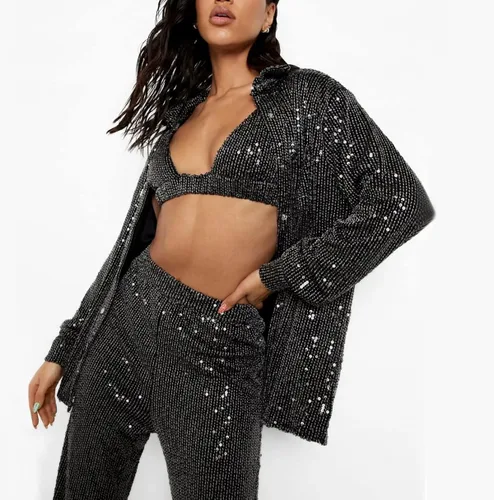Vista 2 de Conjunto brillante para mujer, blusa de manga larga con lentejuelas, blusa de manga larga, pantalones largos sueltos con purpurina, ropa de fiesta