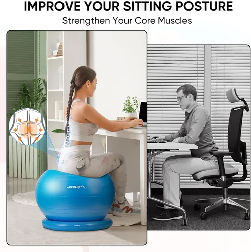 Vista 3 de APEXUP Silla de pelota de yoga, silla de pelota de ejercicio con base para oficina, pelota de estabilidad antideslizante, asiento de pelota