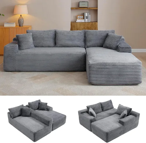 Vista 10 de Sofá modular en forma de L de 108 pulgadas, sofá modular sin hueso para sala de estar, cómodo sofá esponjoso de pana con asiento profundo Camel