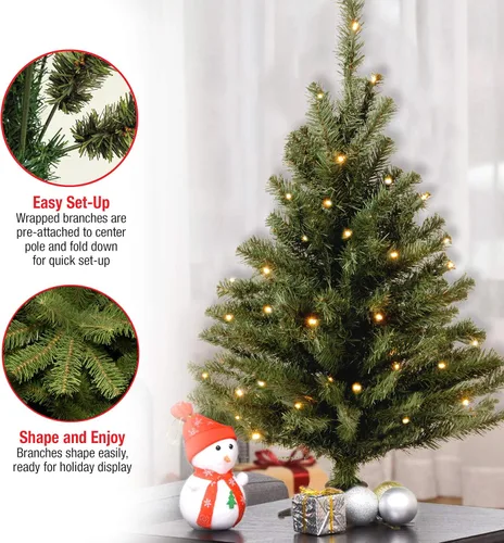 Vista 4 de National Tree Company - Mini árbol de Navidad artificial preiluminado de 3 pies de abeto Kincaid, 100 luces transparentes, 113 puntas, incluye