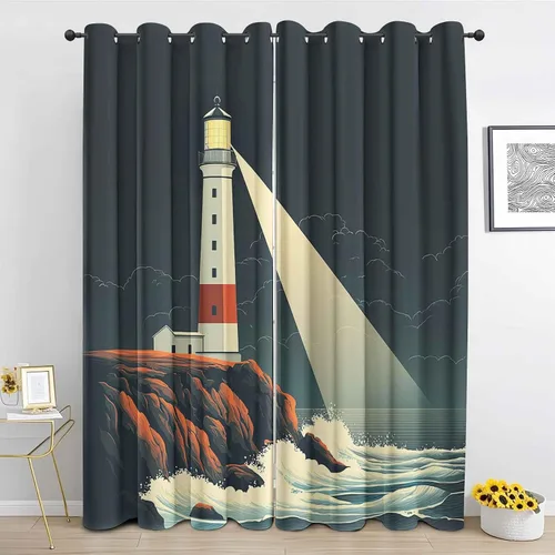 Vista 12 de Cortinas de faro costero de 54 pulgadas de largo, 2 paneles, cortinas opacas con ondas de vela para decoración de dormitorio, sala de estar, Negro