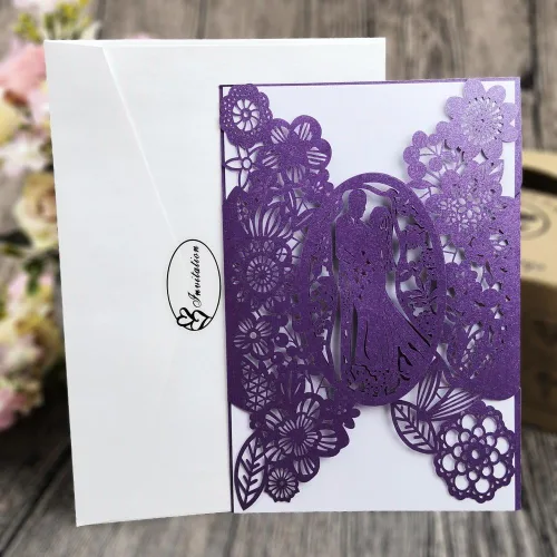 Vista 3 de FOMTOR Juego de 40 tarjetas de invitación de boda cortadas con láser azul con sobres, insertos y sellos, para boda, despedida de soltera, baby
