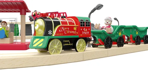 Vista 7 de Juego de tren eléctrico para pistas de madera, juguete de trenes a batería con luces y sonidos para niños pequeños, tren motorizado para niños