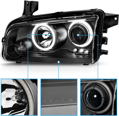 Vista 3 de AmeriLite Juego de faros delanteros de repuesto para Dodge Charger Dual Xtreme 2006-2010 con anillos de halo LED, color negro, lado del pasajero