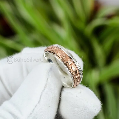 Vista 2 de 925 Silver Ring, Handmade Spinner Ring, Fidget Spinner Ring Women, Anxiety Spinning Ring, Wide Band Spinner Ring, Hammered Silver Ring, Unique