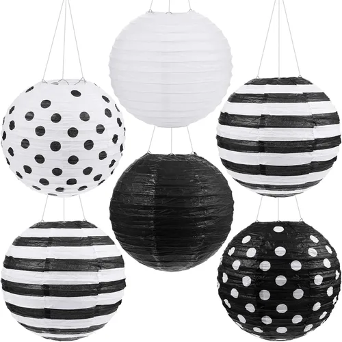 Vista 8 de Treela Paquete de 6 linternas de papel en blanco y negro de 8 pulgadas redondas con patrones de lunares a rayas para regreso a clases, aula, fiesta