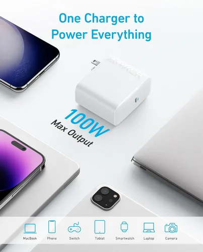 Vista 3 de Anker Cargador para portátil, cargador USB C plegable compacto de 100 W con cable de 5 pies