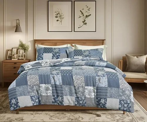 Vista 36 de Sleepbella - Edredón tamaño individual, algodón de 600 hilos, patchwork a rayas en blanco y azul marino, diseño reversible en azul, con relleno