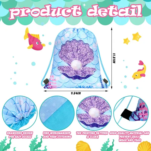 Vista 4 de 16 bolsas de regalo de fiesta de sirena, bolsas de regalo con cordón para fiesta de sirena, bolsas de regalo bajo el mar del océano, bolsas