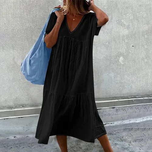 Vista 2 de Akivide Vestido de manga corta con cuello en V y lino de algodón para mujer, casual, holgado, color sólido, plisado, para mujer