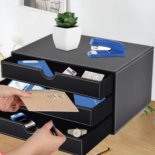 Vista 7 de Organizador de escritorio de piel sintética con 3 cajones, suministros de oficina ejecutivos, archivador A4, soporte para joyas, facturas, papel