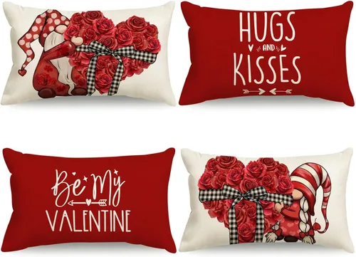 Vista 8 de Juego de 4 fundas de almohada para el día de San Valentín de 16 x 16 pulgadas, diseño de gnomos de corazón, decoración del día de San Valentín