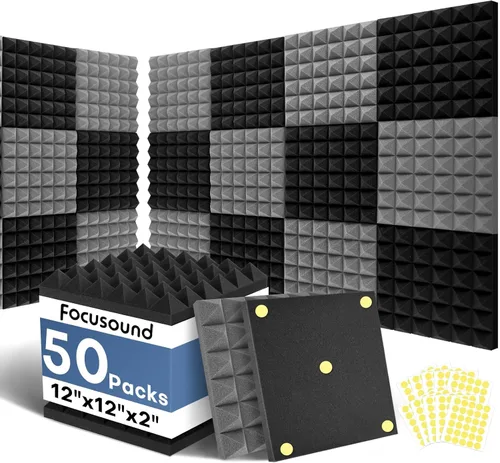 Vista 10 de Paneles acústicos, paquete de 24 unidades de 2 x 12 x 12 pulgadas con 120 adhesivos de doble cara, espuma piramidal a prueba de sonido para paredes