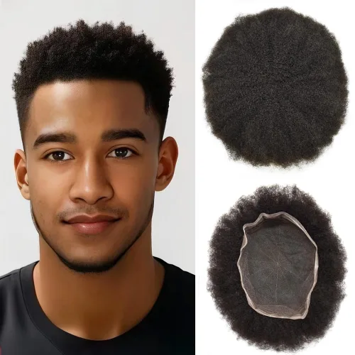 Vista 10 de Afro Toupee Hair Piece para hombres negros Encaje suizo completo Afro Hombres Toupee cabello humano rizado hombres onda unidades de cabello