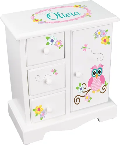 Vista 2 de Joyero personalizado Amoire alto, organizador de madera para niñas (búho calicó)