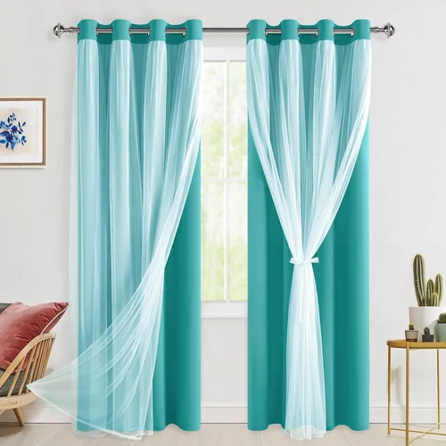 Vista 43 de Hiasan Cortinas opacas con superposición transparente, aislamiento térmico para mezclar y combinar de doble capa, cortinas de oscurecimiento de Beige