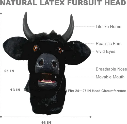 Vista 2 de Máscara de toro, cuerno de buey, boca aterradora, mandíbula en movimiento, vaca, traje de animal realista, disfraz peludo para Halloween, mascarada