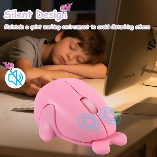 Vista 4 de Ratón inalámbrico Bluetooth lindo animal pequeño con forma de delfín ratones de computadora con receptor USB 2.4GHz y Bluetooth modo dual silencioso