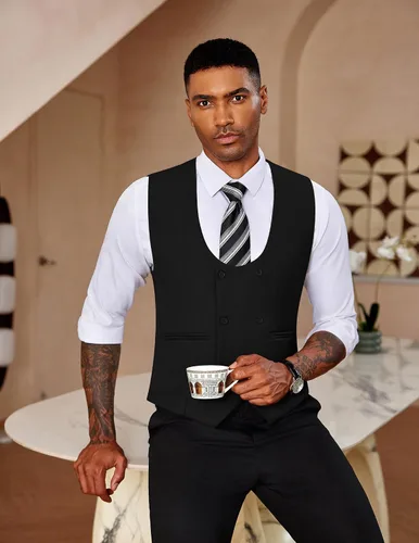 Vista 2 de COOFANDY Chaleco de traje para hombre, ajustado, doble botonadura, chaleco formal de negocios