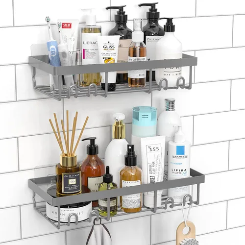 Vista 7 de Moforoco Estante organizador de estante para ducha, cesta autoadhesiva negra para estantes de baño, decoración interior de pared de casa de campo