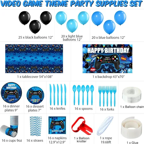 Vista 2 de Tatuo 152 piezas de suministros para fiesta de cumpleaños de videojuegos, cubierta de mesa para fiesta de jugadores, telón de fondo de feliz