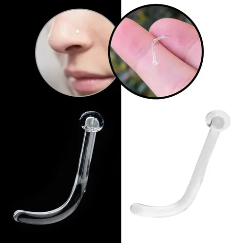Vista 5 de BodyJewelryOnline Retenedor de piercing de nariz de vidrio Pyrex transparente de 16G, 18G y 20G, retenedor de tornillo de nariz en forma de L, 5/16