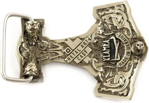 Vista 2 de Martillo de Thor Hebilla de cinturón de plata alemana, escandinavo viejo nórdico vikingo mjolnir, mitología de la edad vikinga Thor dios arma sólida