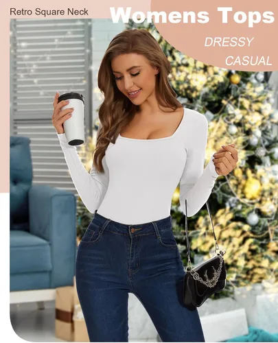 Vista 3 de WOWENY Camisa térmica de manga larga para mujer, con forro polar, ajustada, básica, cuello cuadrado, capa base de invierno