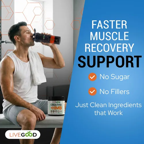 Vista 3 de LIVEGOOD Monohidrato de creatina con HMB para crecimiento muscular magro y recuperación - Polvo de creatina HMB para hombres y mujeres - Creatina
