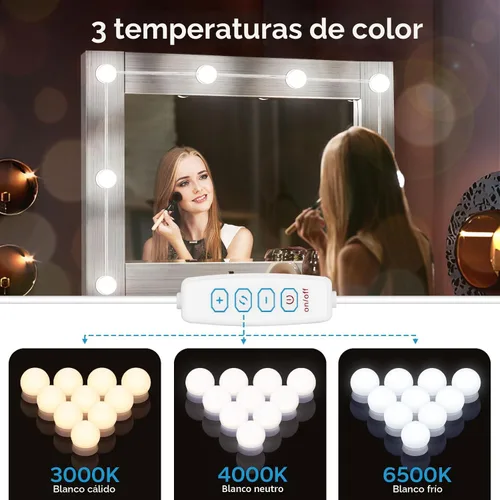 Vista 4 de Luces LED de tocador para espejo, luces de tocador adhesivas con 10 bombillas regulables, 3000K 4000K 6500K y 10 niveles de brillo ajustable, cable