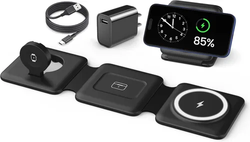 Vista 9 de Iseyyox Estación de carga para dispositivos Apple – Base de carga inalámbrica plegable magnética 3 en 1 – Almohadilla de carga de viaje para MagSafe