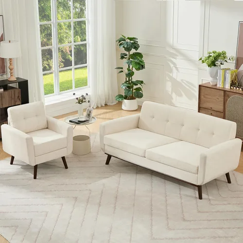 Vista 16 de Kingfun Juegos de muebles de sala de estar, estándar y otomano, sofás de decoración moderna de mediados de siglo, muebles tapizados con botones Beige