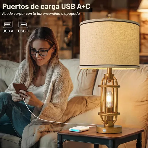 Vista 3 de G-SAFAVA Juego de 2 lámparas de mesa de 23.75 pulgadas para sala de estar, dormitorio, lámparas táctiles de metal industriales con puertos USB A+C