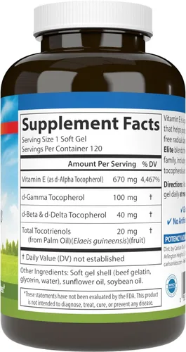 Vista 2 de Carlson - E-Gems Elite, 1000 UI de vitamina E con tocoferoles y tocotrienoles, salud cardíaca y bienestar óptimo, antioxidante, 120 geles blandos