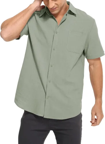 Vista 3 de TUREFACE Camisas casuales con botones para hombre, camisa de vestir de algodón de manga corta