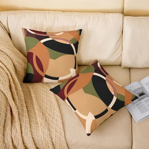 Vista 3 de Paquete de 2 fundas de almohada decorativas con diseño geométrico marrón, rojo y verde, fundas de cojín cuadradas de geometría suave para sofá