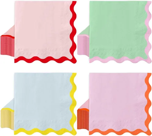 Vista 8 de Whaline 100 servilletas de papel festoneado azul, verde, rosa, amarillo, servilletas de almuerzo, desechables, decorativas, para postres, cenas