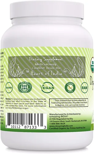 Vista 2 de Amazing India USDA - Suplemento en polvo de cáscara de psyllium entero orgánico 0.18 oz por porción Sin OMG Sin gluten Fabricado en Estados
