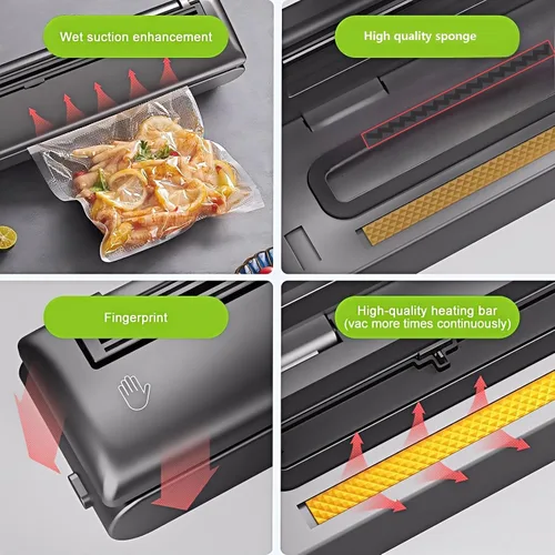 Vista 7 de Máquina selladora al vacío para almacenamiento de alimentos, 5 en 1 con cortador, sellador al vacío de alimentos con modos seco y húmedo, incluye 15