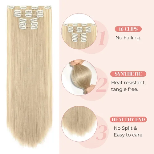 Vista 4 de LONAI 6 extensiones de cabello con clip, 24 pulgadas de largo, lacio, sintético, postizo para mujer, rubio ceniza natural