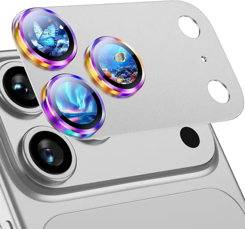 Vista 21 de Uyiton Protector de lente de cámara para iPhone 17 Pro - [Tipografía única + lente de teléfono diseño de círculo rojo] Cubierta de cámara de vidrio